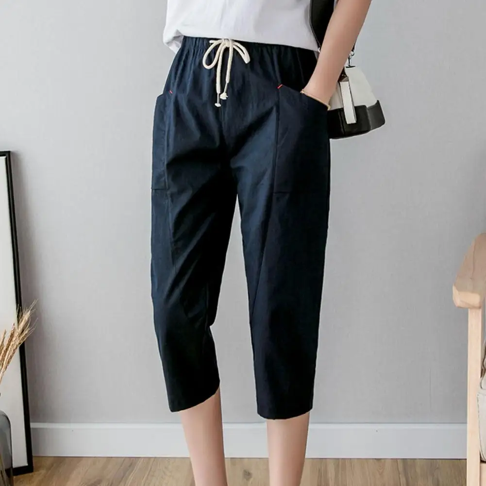Summer Trousers Cotton Line Pants Women Loose Elastic Waist Cropped Trousers Lady New Big Pocket Lace Up Casual Pants Sweatpants