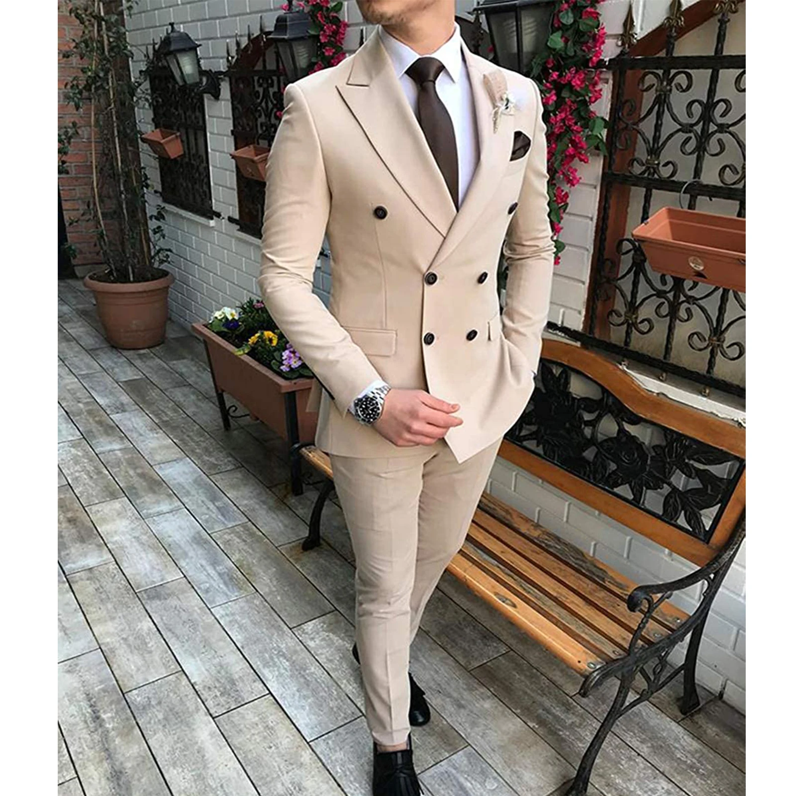 2024 New Beige Men's Suit 2 Pieces Double Breasted Notch Lapel Flat Slim Fit Casual Tuxedos For Wedding(Blazer Pants)