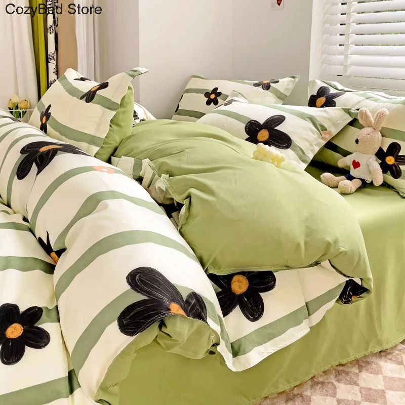 Black Flower Bedding Set Floral Duvet Cover Soft Queen Single Full King Size Green Flat Bed Sheet Quilt Cover Pillowcase Kawaii