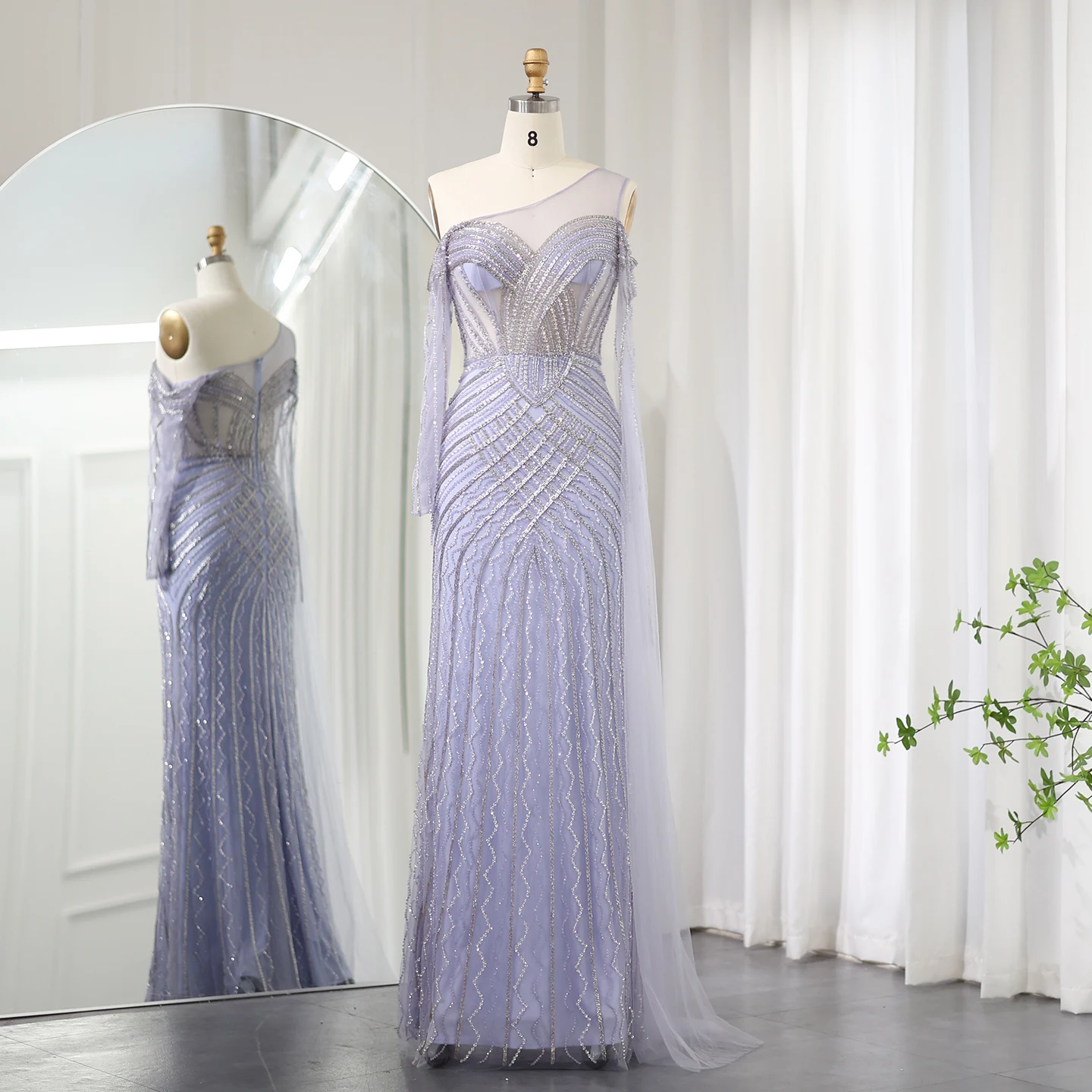 Sharon Said Saudi Arabia One Shoulder Mermaid Lilac Evening Dress with Cape Sleeve Luxury Sage Green Wedding Party Gowns