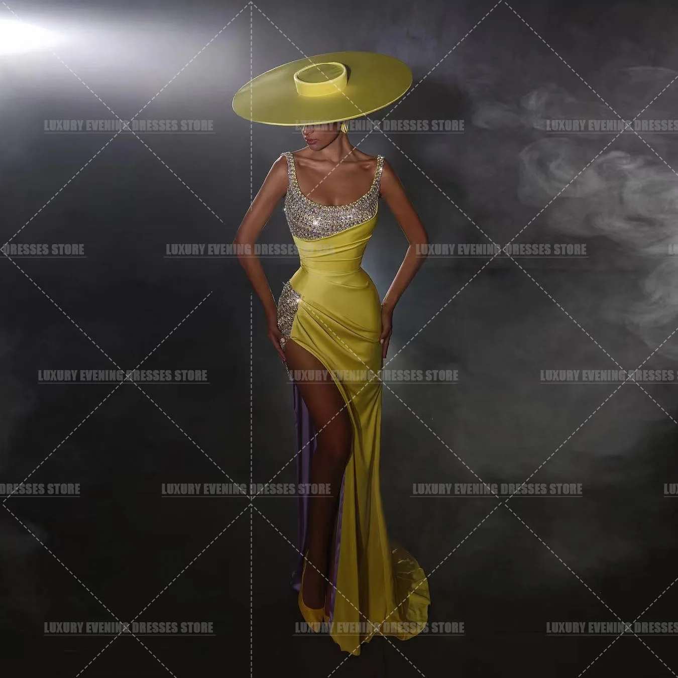Luxury Crystal Yellow Evening Dresses For Woman Mermaid Sequined Side Split Elegant Beach Party Prom Gowns Vestidos De Fiesta