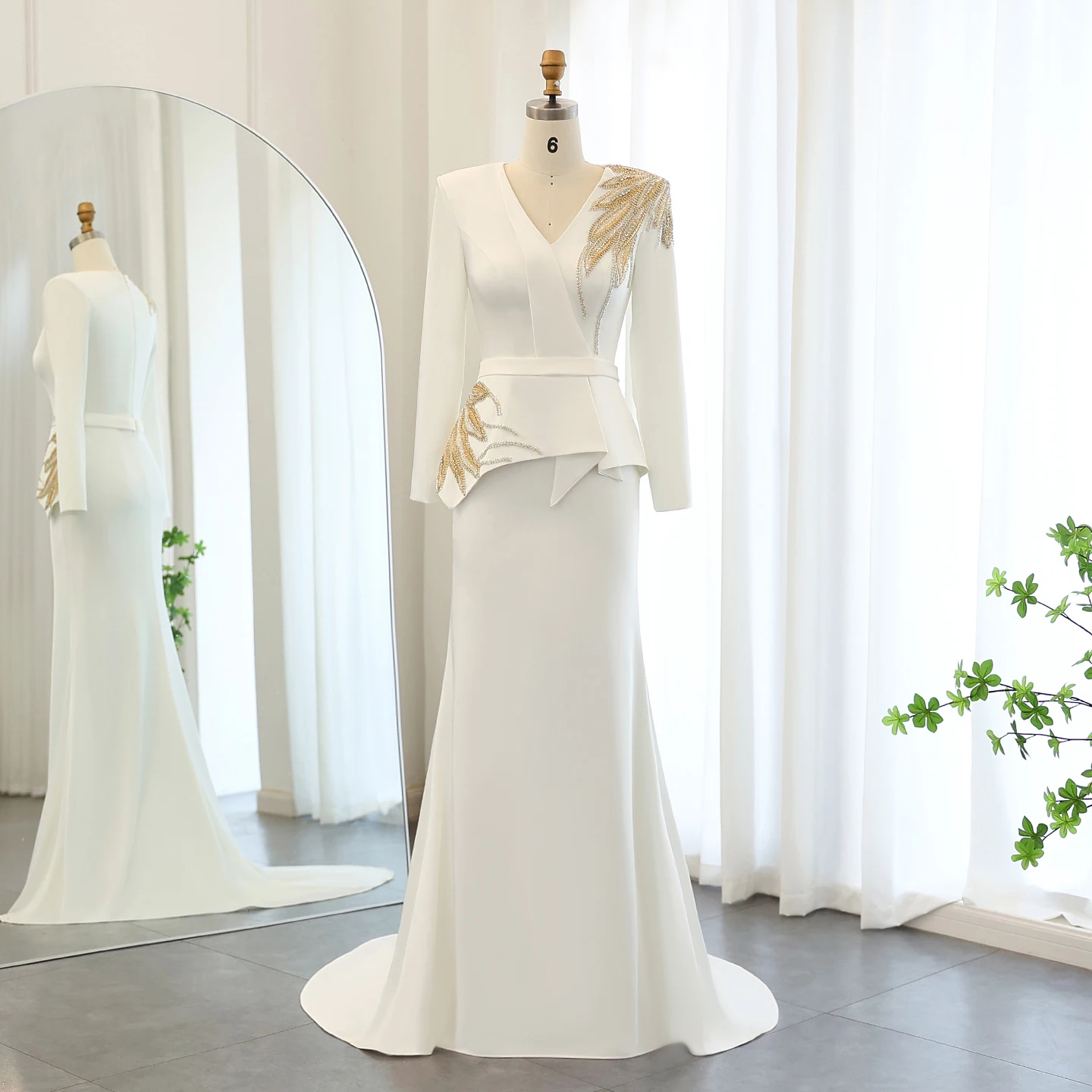 Sharon Said Elegant White Mermaid MuslimEvening Dress with Long Sleeves Gold Beaded Arab Muslim Women Wedding Party Gowns