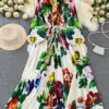 Spring Holiday Print Long Dress For Women Fashion Loose Lantern Sleeve Party Robe Female Big Swing Tassels Belt Pleated Clothes