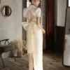 Kimutomo Pearl Tassel Luxury Dress Backless Big Bow Split Elegant Dress Women for Wedding Party Korean Chic Design Prom Dresses