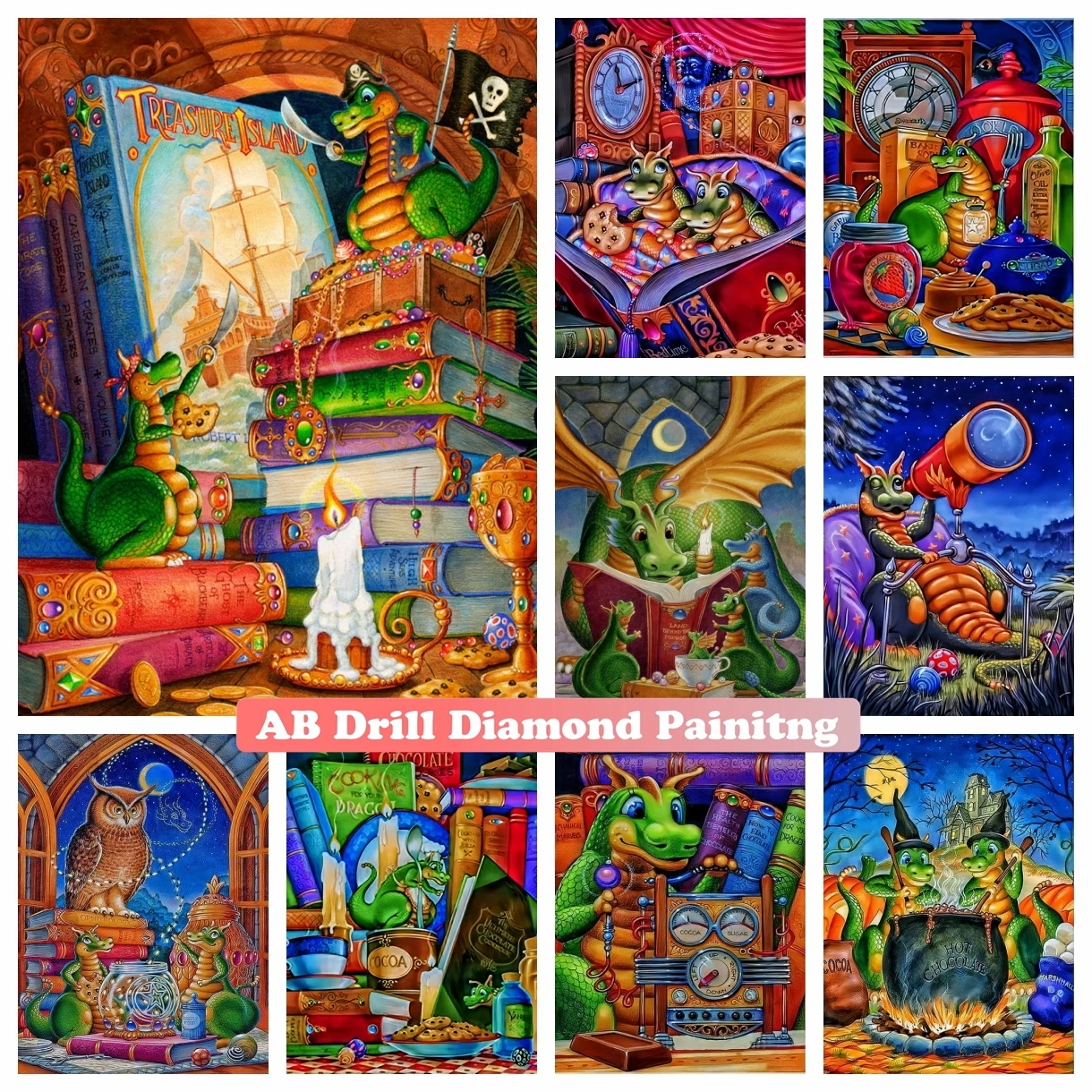 AB Drills Diamond Painting Cartoon Dinosaur Full Square Round Cross Stitch Randal Spangler Art Mosaic Handicraft Hobby Kids Gift
