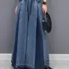 [EAM] High Waist Blue Denim Pleated Long Wide Leg Jeans New Loose Women Trousers Fashion Tide Spring Autumn 2024