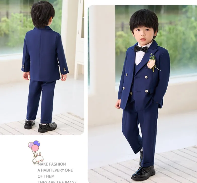 Boys Wedding Suit Teen Kids Photograph Performance Costume Children Jacket Vest Pants Bowtie Flower 5PCS Ceremony Tuxedo Dress