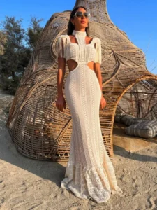 Sexy White Lace Women Dress Turtleneck Tassel Sleeve Slim Naked Waist Hollow Out Long Dress Summer Beach Female Knit Robe - Image 4