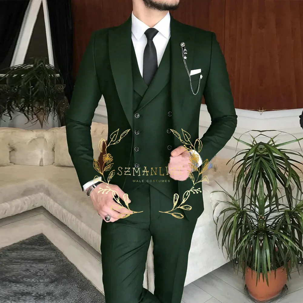 New Arrival Male Suits Slim Fit 3 Pieces Peak Lapel Dark Green Classic Men Wedding Suits Groom (Blazer Vest Pants) Costume Homme