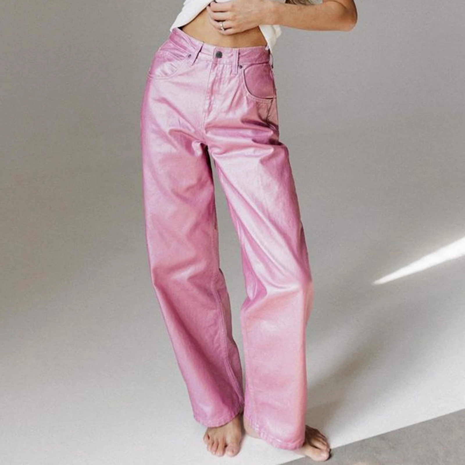hirigin Women Retro Y2K Metallic Shiny Jeans Casual Solid Color High Waist Straight Leg Denim Pants Disco Club Party Streetwear