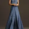 Women Denim Party Spaghetti Strap Dress Single Breasted Button Elegant Casual A-Line Split Hem Vintage Denim Summer Long Dress