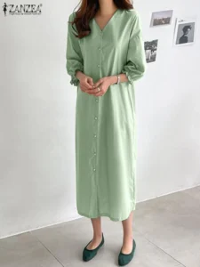 ZANZEA 2023 Autumn Women Holiday Dress 3/4 Sleeve Buttons Long Shirt Dress Loose Fashion V-Neck Midi Robe Casual Pleated Vestido - Image 5