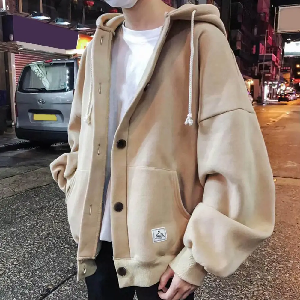 Men Autumn Winter Jacket Hooded Long Sleeve Men Coat Drawstring Pockets Solid Color Cardigan Thick Plush Warm Streetwear
