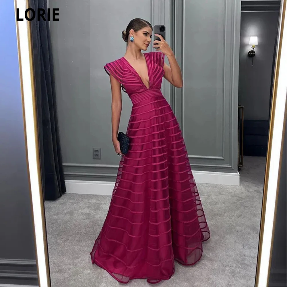 LORIE A-line Tulle V-neck Prom Dresses 2023 Women Elegant Sleeveless Party Dresses Sexy Ruched Female Gown Vestidos De Noche