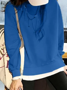 ZANZEA 2023 Fashion Long Sleeve Drop Shoulder Sweatshirts Women Pullover Autumn Solid Color Hoodies Korean Casual Round Neck Top - Image 3