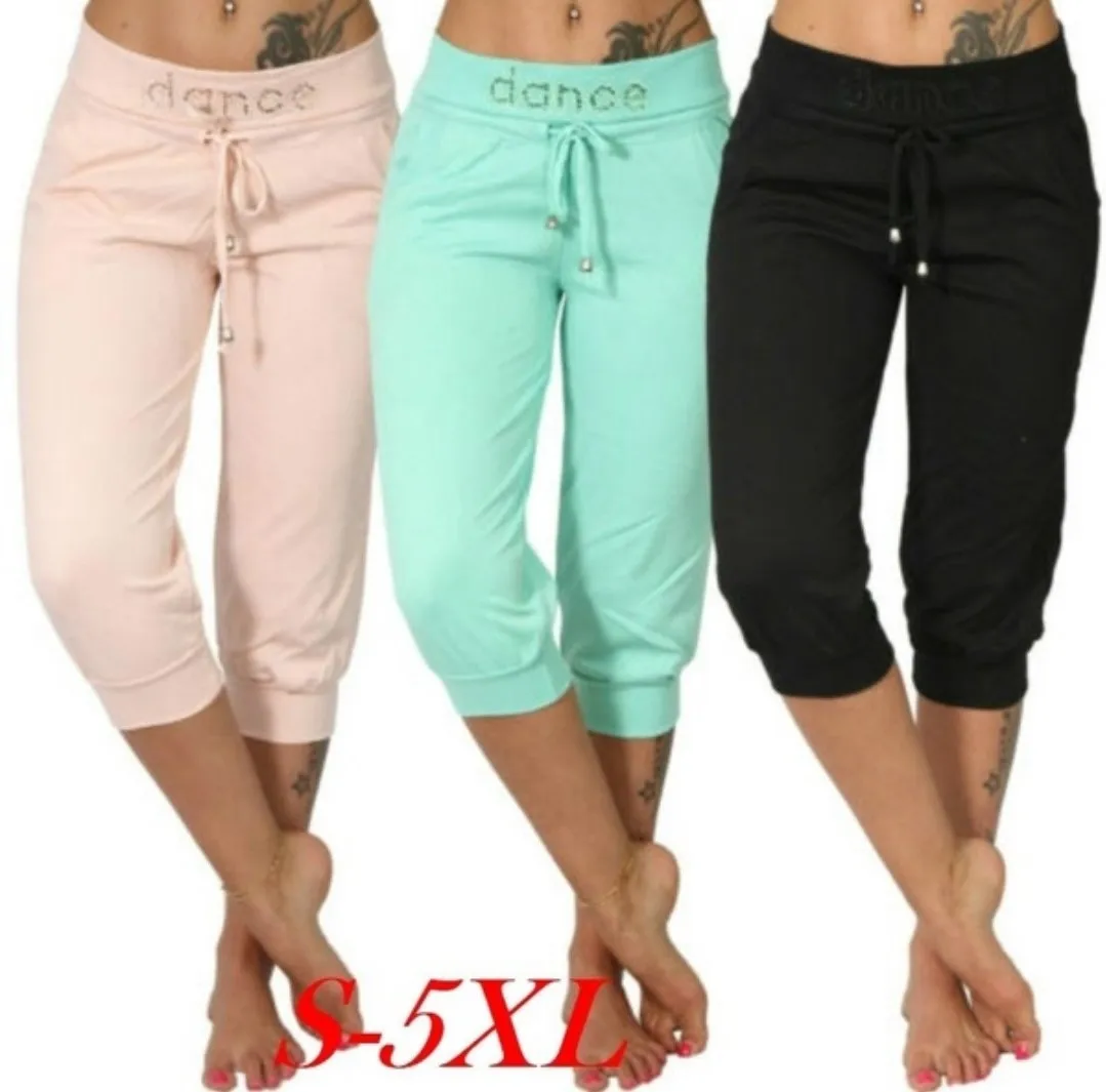 Summer Fashion Women Loose Pants Casual Solid Color Low Rise Drawstring Pockets Sports Capri Pants Ladies Slim-fit Shorts