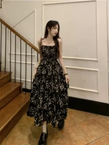 Deeptown Y2k Korean Style One Piece Floral Dress Women Vintage Elegant Layered High Waist Black Long Slip Fairy Dresses Summer - Image 5