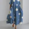 Fashion Lady Short Sleeve Big Swing Loose Maxi Dress 2024 Summer Women Flower Printing Pocket Dress O Neck Party Dress Robe