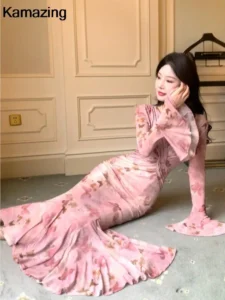 Elegant Mermaid Flare Sleeve Long Dresses Vintage Sexy Bodycon Pink Print Evening Club Robe Women Spring Summer Vestidos - Image 4