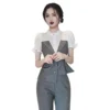 New Korean Popular Ruffle Short Sleeve Asymmetric Chiffon Shirt Casual Pants Two-piece Elegant Women's Pants Set Office Outfits - Image 6