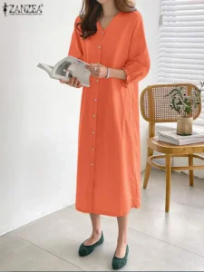 ZANZEA 2023 Autumn Women Holiday Dress 3/4 Sleeve Buttons Long Shirt Dress Loose Fashion V-Neck Midi Robe Casual Pleated Vestido - Image 2
