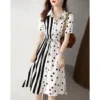 2024 New Summer Temperament Socialite Fashion Trend Lapel Tie Waist Band Patchwork Polka Dot Short Sleeved Shirt Dress for Women - Image 3