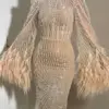 Champagne Illusion Long Sleeve Feathers Dubai Mermaid Evening Dress High Neck Beading Crystal Formal Party Wear Gown