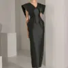 DEAT Women Fashion Dress Big Lapel High Waist Split Sleeveless Solid Color Female Elegant Party Dresses Summer 2024 New