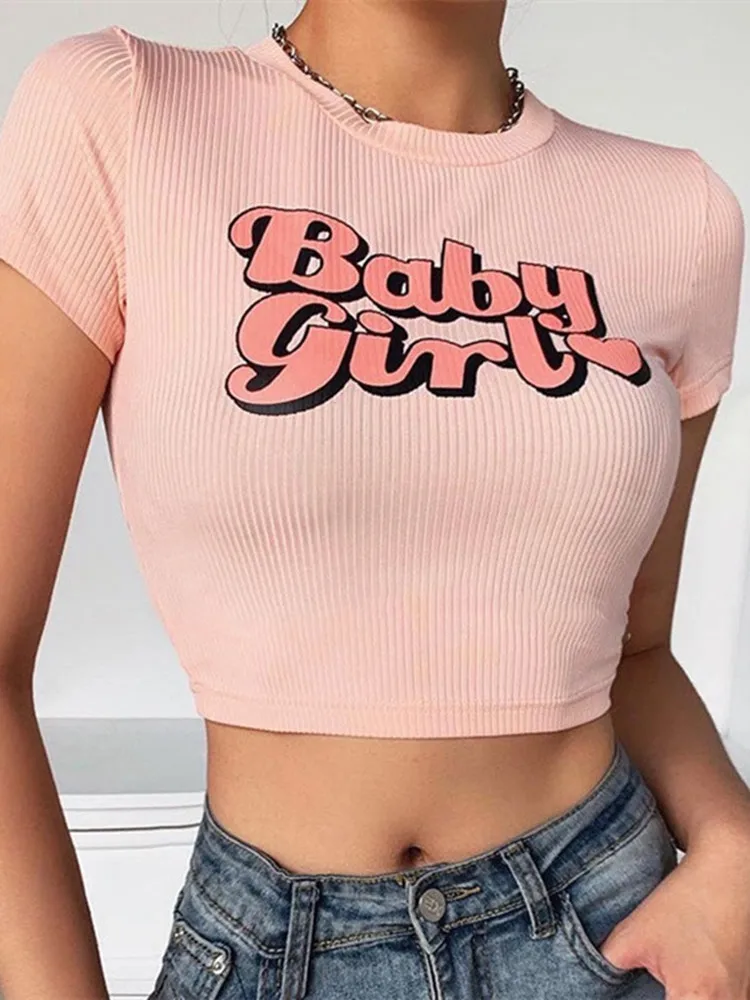 hirigin Fashion Letter Printed Short Sleeve Vintage Crop Top 2023 Summer Women Sexy Skinny T Shirt Female Streetwear Tee Tops