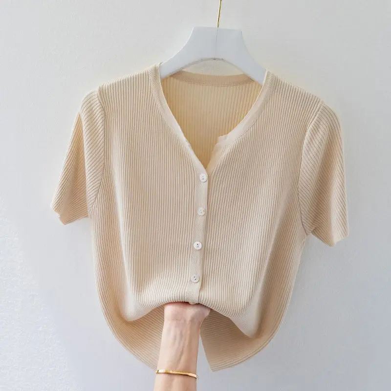 Fashion Women Cardigan Knitted T-shirt Korean Clothing Spring Summer Aesthetic Tees Solid Slim Female Short Sleeve Casual Tops