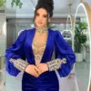 Evening Dresses High Neck Baded Pleats Mermaid Prom Gown Long Sleeves Royal Blue Arabic Dubai Party Dress
