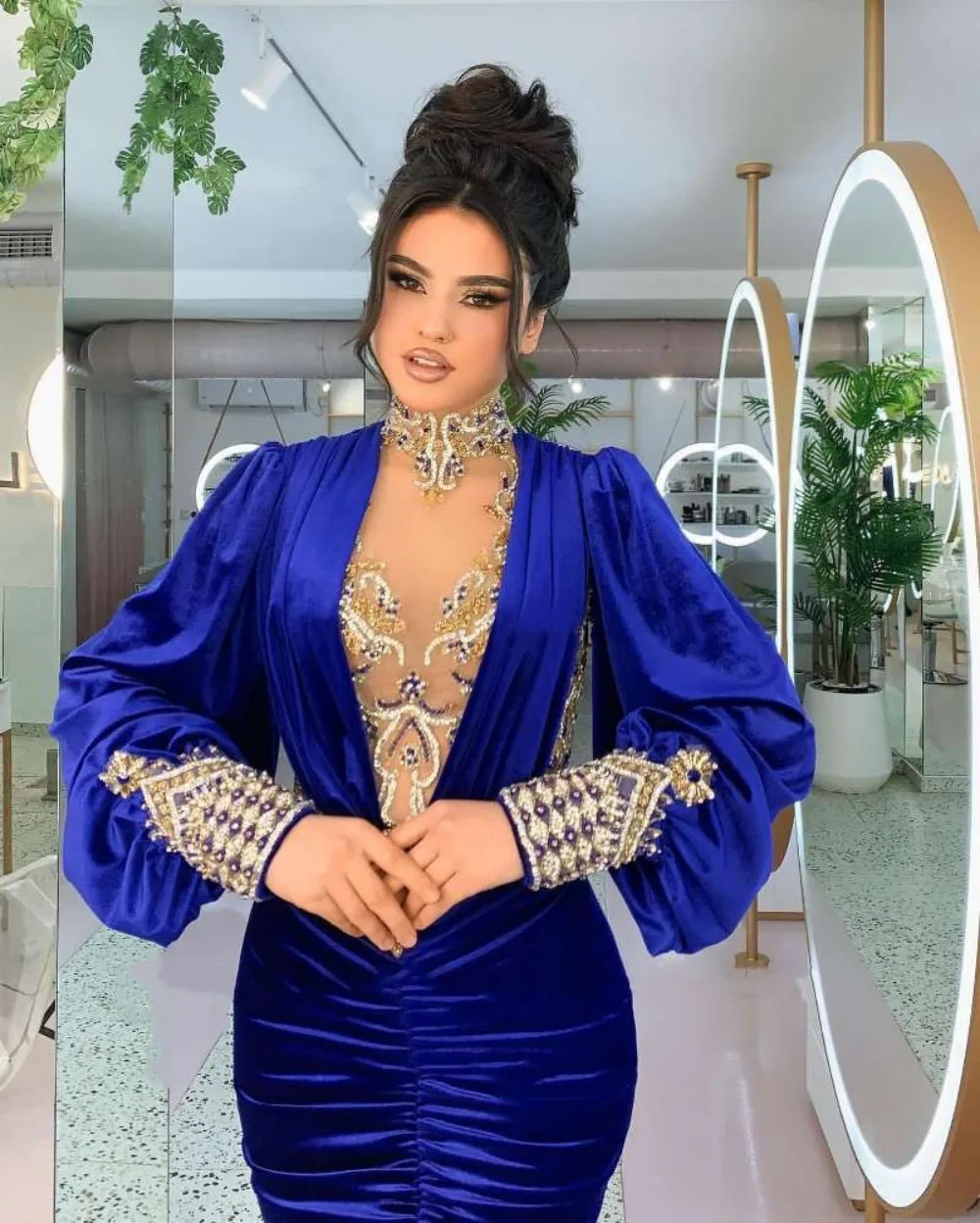 Evening Dresses High Neck Baded Pleats Mermaid Prom Gown Long Sleeves Royal Blue Arabic Dubai Party Dress
