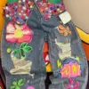 Chic Women Spring Floral Embroidery Diamonds Beaded Holes Denim Pants High Waist Loose Rhinestones Jeans Cowboy Broken Trousers