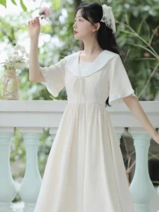 Japanese Mori Girly Preppy Style Lolita Fairy Women Dress Elegant Summer Sailor Collar Bow Waist Short Sleeve Mid-Calf Dresses - Image 4