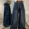 Grunge Hot Girl Vintage Big Pocket Oversized Baggy Cargo Jeans Femme Elastic Waist Straight Wide Leg Pants Denim Trousers women