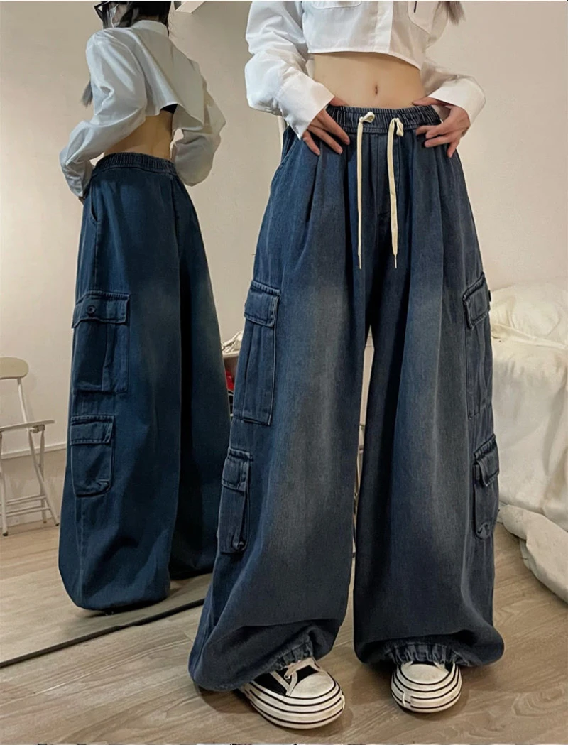 Grunge Hot Girl Vintage Big Pocket Oversized Baggy Cargo Jeans Femme Elastic Waist Straight Wide Leg Pants Denim Trousers women
