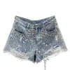 DEAT Women's Short Jeans High Waist Distressed Diamonds Tassel Loose Wide Leg Luxury Denim Shorts 2024 Summer Fashion