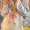 HOUZHOU Kawaii Sweet Patchwork T Shirts Women Japanese Fashion Y2k Harajuku Striped Cartoon Print Long Sleeve Loose Tees Tops