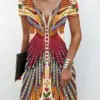 2024 New Women Plus Size Dress 6XL Summer Fashion Abstract 3D Printing V-Neck Short Sleeve Midi Dress Casual Retro Loose Dresses
