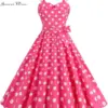 Vintage Pink Polka Dot Plaid Dress Women Summer Spaghetti Strap Elegant High Waist Party Retro Swing Dresses