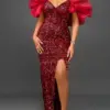 Sexy Women Even Dress Sequin Off Shoulder Fluffy Sleeve High Slit Velvet Robes Big Size Maxi Long Formal Party Evening Prom Gown