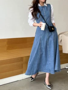 Denim Summer Sleeveless Vests Dress Women Slim Casual Fashion Ruffle Ladies Dresses Korean Style Pleated Woman Long A-Line Dress - Image 4