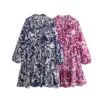 TRAF Ruffles Women Printed Shirt Robe Dress Casual 2024 Summer Wrist Sleeve V Neck Loose Short Female Mini Dress Y2K Beach