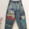 Spring and Autumn Thin Cartoon Embroidered Patch Ripped Denim Ankle-Length Pants Women's Elastic Waist Casual Streetwear Jeans