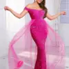 Sequined Evening Prom Dresses Ball Gown Mesh Skirt Hot Pink Black Gold Party Long Off Shoulder Sleeveless