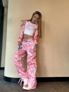 Pink camouflage cartoon pattern straight Y2K jeans womens street hip hop design niche hot girl street wide leg baggy pants 2000s - Image 3