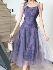 Elegant Casual Women Summer Spaghetti Strap Dress Sleeveless A-Line Solid Chic Vintage Purple Robe Female Party Vestidos Mujers - Image 4