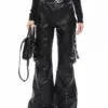 Lautaro Spring Autumn Soft Black Baggy Pu Leather Wide Leg Cargo Pants for Women High Waist Luxury Designer Emo American Clothes