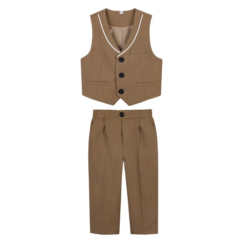 Page Boys Spring Khaki Vest Shirt Pants Tie Suit Children's Formal Ceremony Tuxedo Dress Kids Wedding Performance Costume
