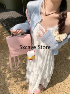 White Strap Midi Dress Women Casual 2024 Spring Beach Style Lace Elegatn Cake Dress Korean Fashion Chic Outwear - Image 2